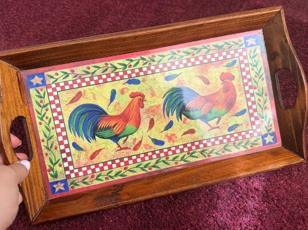 Wooden Serving Tray with Two Roosters Country Kitchen Design
